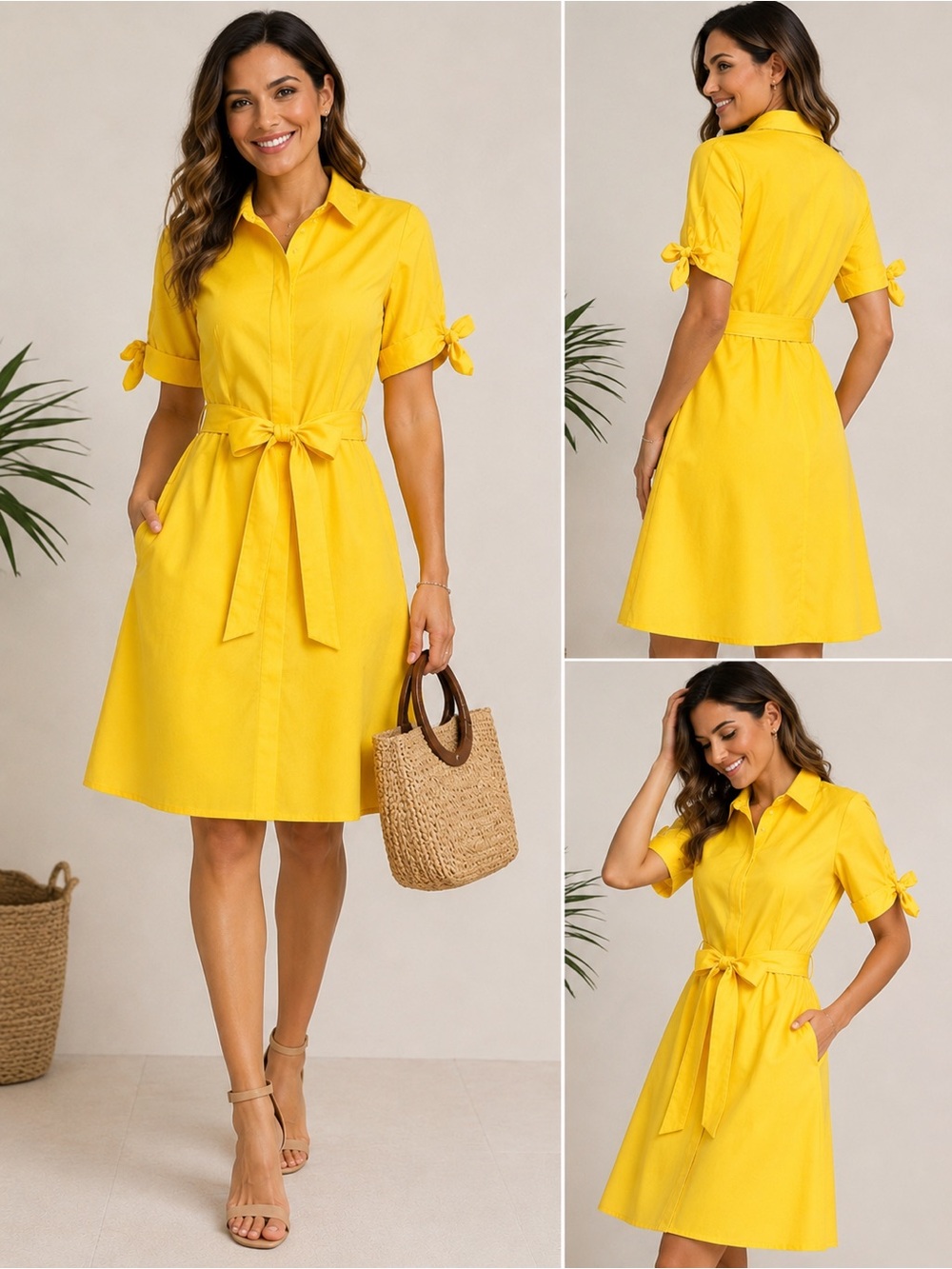 Calvin Klein Yellow Cotton Shirt Dress Size 4 NWT Belted Midi Dress